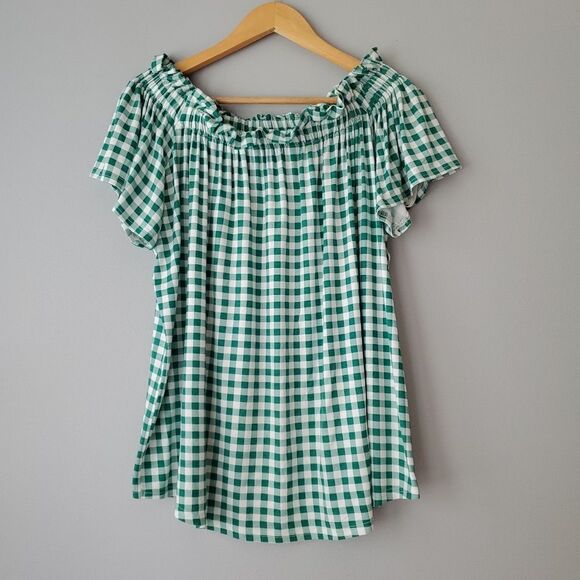 Signature Studio Green White Gingham Off The Shoulder Short Sleeve Top Womens XL - Picture 1 of 8
